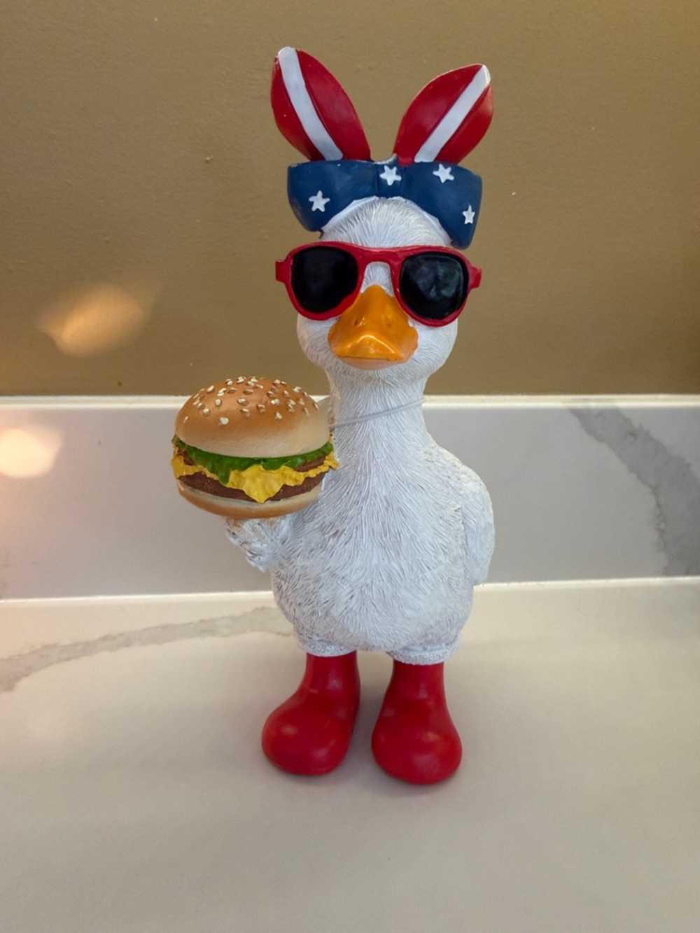 Patriotic Duck Figurine Burger Sunglasses Stars Stripes Decor
